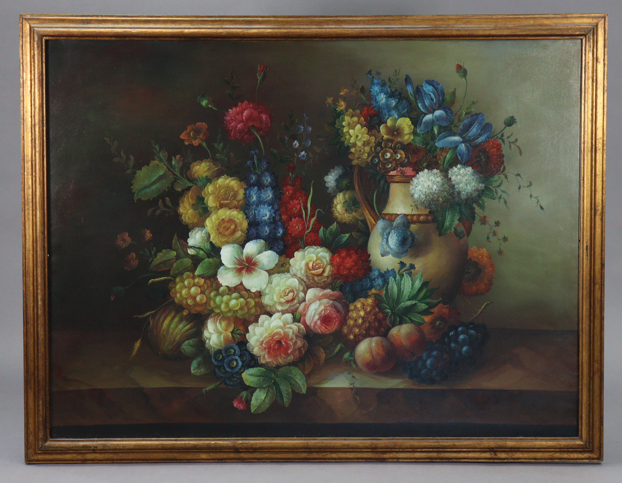 ENGLISH SCHOOL, 20th century. Large still life of flowers & fruit in the 18th century Dutch style