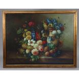 ENGLISH SCHOOL, 20th century. Large still life of flowers & fruit in the 18th century Dutch style