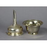 A modern silver wine funnel with removable strainer & straight tapered spout, 5” high; Birmingham