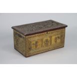 An Indian hardwood & parcel-gilt coffer with carved figure scene decoration to the hinged lift lid &