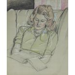 ENGLISH SCHOOL, 20th century. Portrait of a lady seated in a chair; charcoal & coloured chalks; 16½”