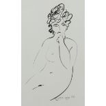 MICHAEL FFOLKES (1925-1988). Study of a female nude in black ink, signed & dated “ffolkes ‘75”; 13¾”