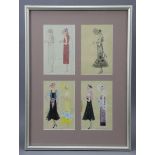 A set of eight 1930’s Art Deco fashion designs, mostly coloured & with annotations; pencil,