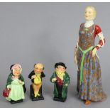 A Royal Doulton figure titled “Phiippa of Hainault” (HN 2008); & three ditto standing Dickens