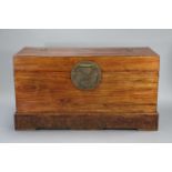 A large Chinese camphor wood trunk with hinged lift lid & heavy brass side handles, on carved plinth