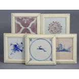 Three Dutch delft blue & white 5” square tiles; & two manganese ditto, all framed (part w.a.f.).