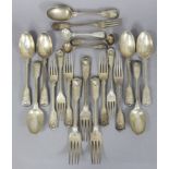 A part service of Victorian silver Fiddle, Shell, & Thread flatware, comprising three table forks,