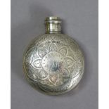 A Victorian silver ‘pilgrim’ spirit flask with engraved stylised decoration & monogram,