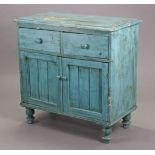 A Victorian turquoise painted pine small cupboard fitted two frieze drawers above cupboard