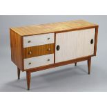 A retro-style mahogany-finish & light grey laminate small sideboard fitted three long drawers to the