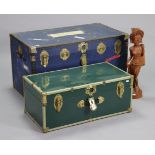 Two travelling trunks each with a hinged lift-lid, 36”, & 30” wide; & a Burmese carved hardwood