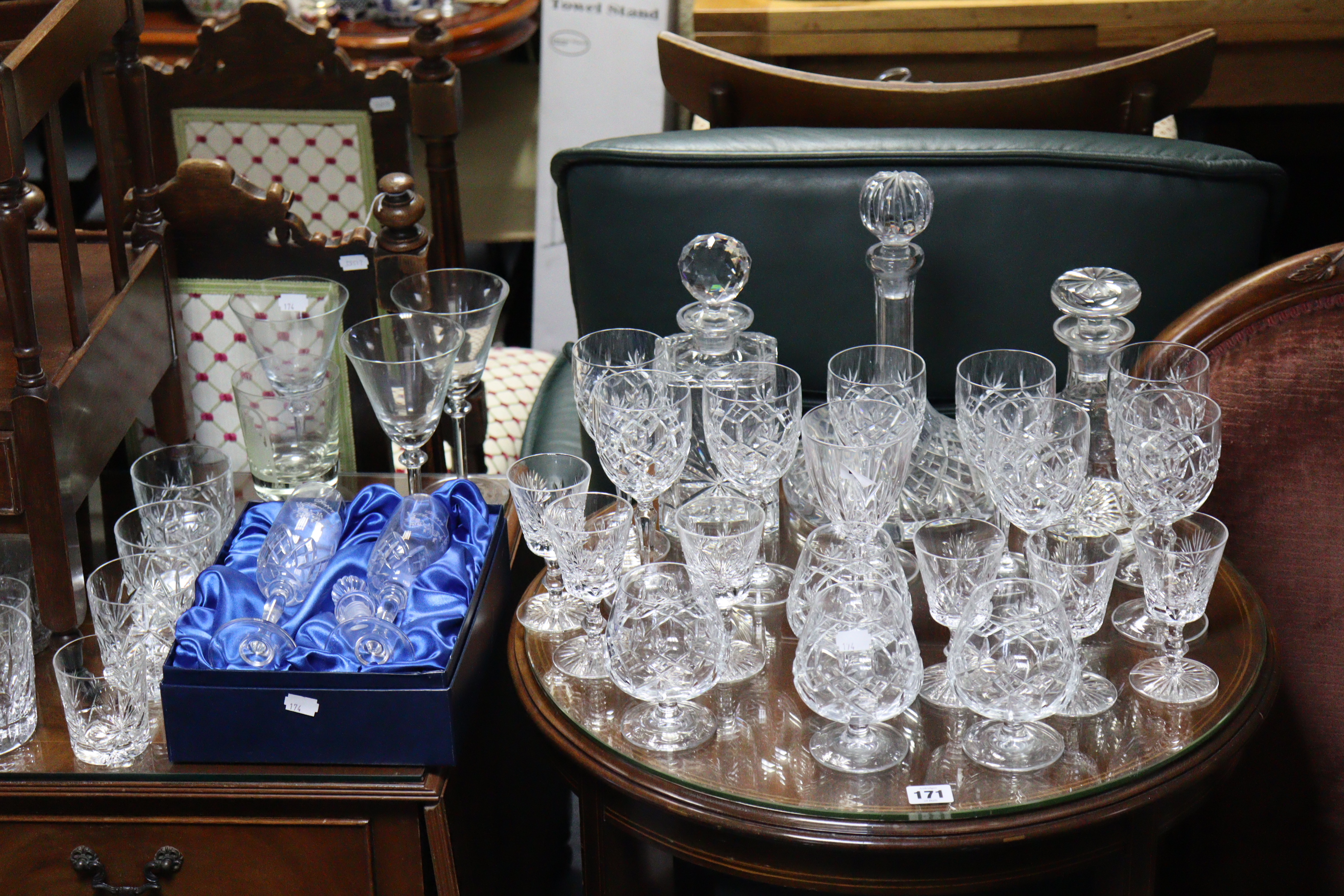 Two heavy cut-glass decanters; & various other items of glassware.