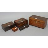 A 19th century rosewood tea caddy (lacking mixing bowl), with hinged lift lid, & on bun feet, 11¾”