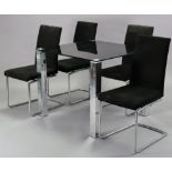A chrome dining table on four square legs & with a smoked-glass square top, 35¼” wide x 30”