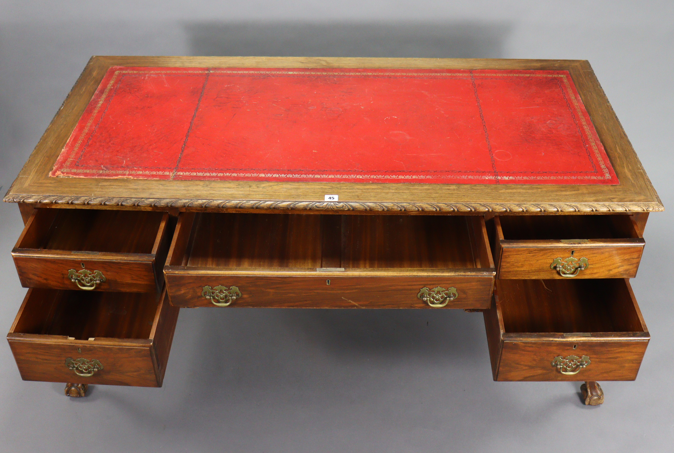 A 19th century-style walnut knee-hole desk inset gilt-tooled crimson leather to the rectangular top, - Image 2 of 6