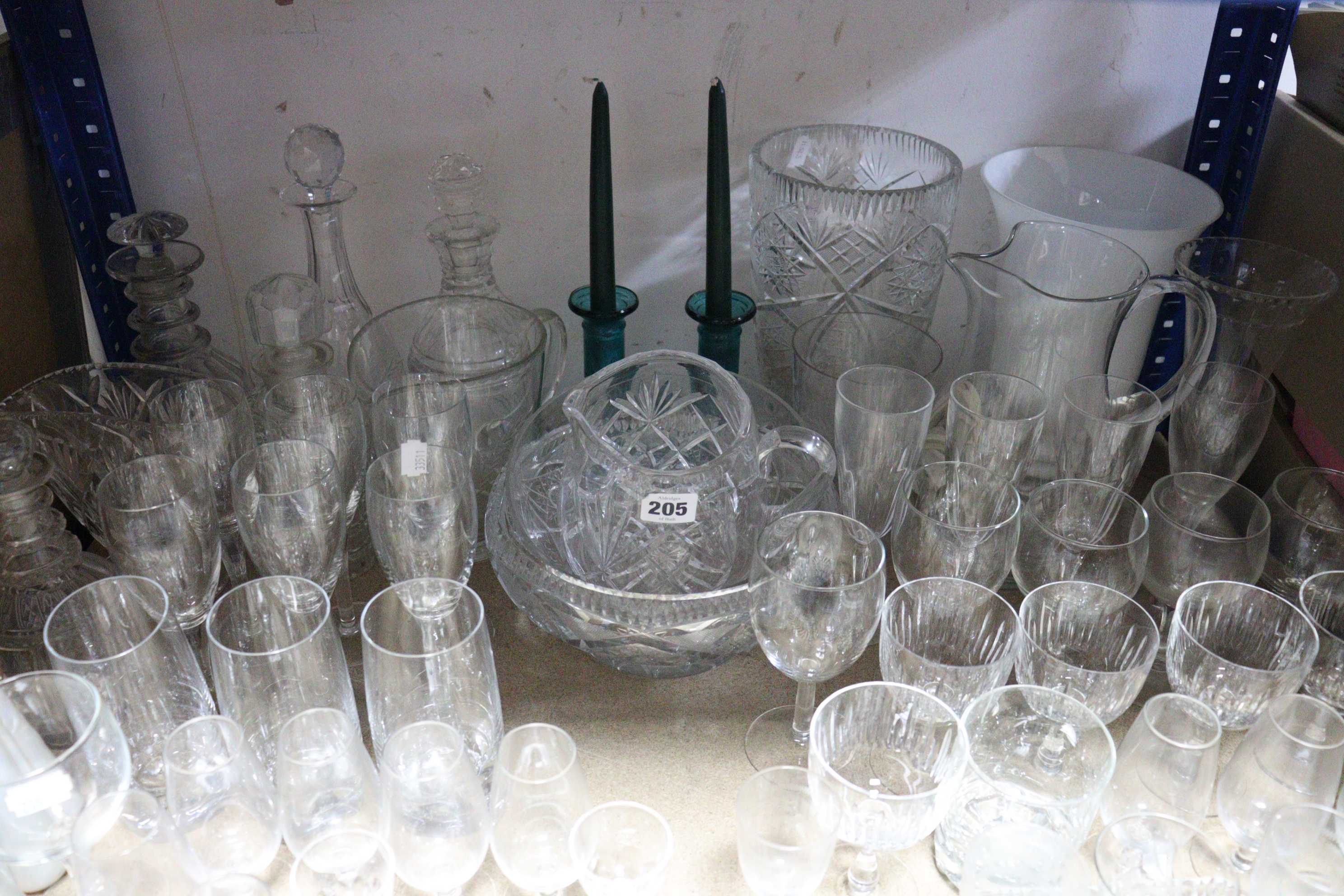 Five glass decanters; a heavy cut-glass fruit bowl; a similar vase; & various other items of - Image 4 of 4