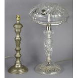 A 20th century cut-glass table lamp with ‘bowl’ shade supported by three silvered-metal antler-