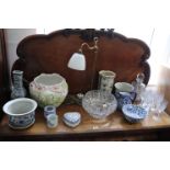 A heavy cut-glass decanter with a faceted ball stopper; a heavy cut-glass fruit bowl, various