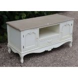 A continental-style white & light grey painted wooden low cabinet with open recess to centre above a