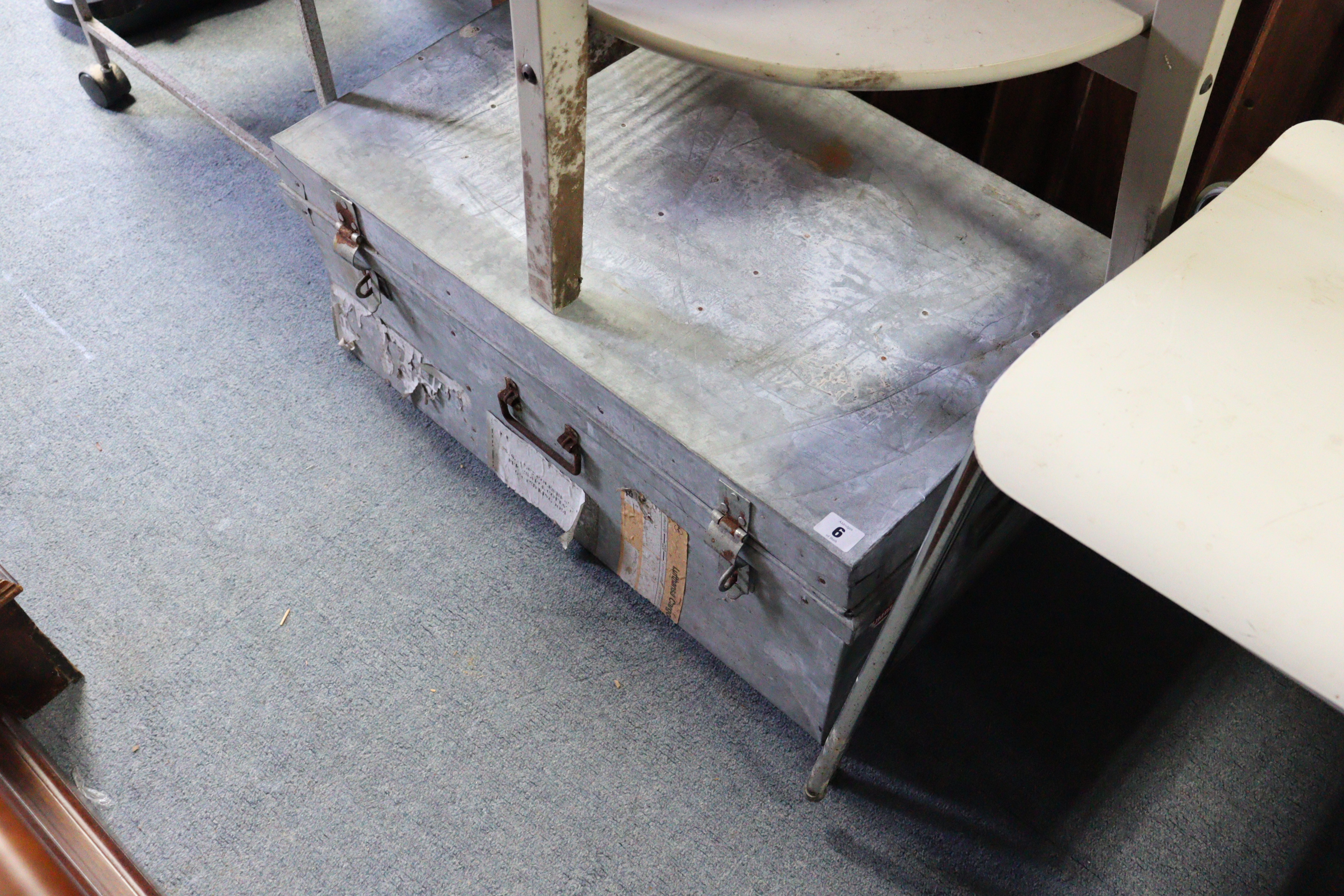 Two tin travelling trunks; a white-finish demi-lune three-tier occasional table; a pair of - Image 3 of 4
