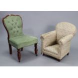 A child’s armchair upholstered geometric material, & a buttoned-back nursing chair.