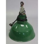 A vintage Benjamin-type industrial green enamelled ceiling light fitting, 16” diameter x 20” high.