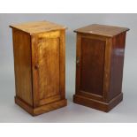 A Victorian mahogany pot cupboard fitted centre shelf enclosed by a panel door, & on a plinth