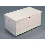 A white painted deal blanket box with a hinged lift-lid & with wrought-iron side handles, 29½”
