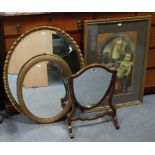 Two gilt frame oval wall mirrors; two swing dressing table mirrors; & various decorative pictures.