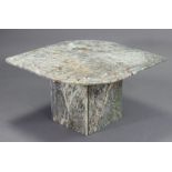 A contemporary marble top low coffee table on square supports, 37½” wide x 15¼” high.