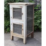 A white painted wooden meat safe fitted three shelves enclosed by a mesh-fronted door, sides, &