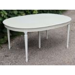 A GOOD QUALITY WHITE-FINISH EXTENDING DINING TABLE IN THE CONTINENTAL-STYLE with moulded edge to the