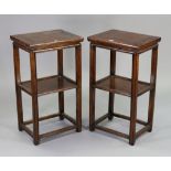 A pair of Chinese teak rectangular two-tier side tables, on square legs with plain stretchers,