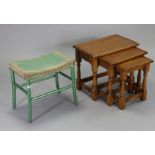 A Lusty’s Lloyd Loom green & gold painted dressing table stool, 19½” wide; & an oak nest of three
