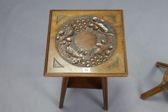 A carved walnut square two-tier occasional table on four fluted square legs, 14” wide x 26½” high; & - Image 2 of 3