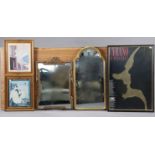 Two gilt-frame rectangular wall mirrors, 31” x 15”, & 26” x 17½”; & various decorative pictures.