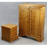A pine small chest fitted two long drawers, & on a shaped plinth base, 15¼” wide x 18” high; & a