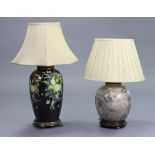 Two large glass table lamps, each with shade, & five various decorative pictures