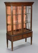 A 19th century inlaid-mahogany display cabinet fitted two plate-glass shelves with parquetry lower