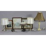 Five table lamps; various decorative pictures; & a rectangular wall mirror.