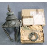 An oxidised metal London gas street lantern, 33” high (w.a.f.), with a 1961 Borough Treasurer’s