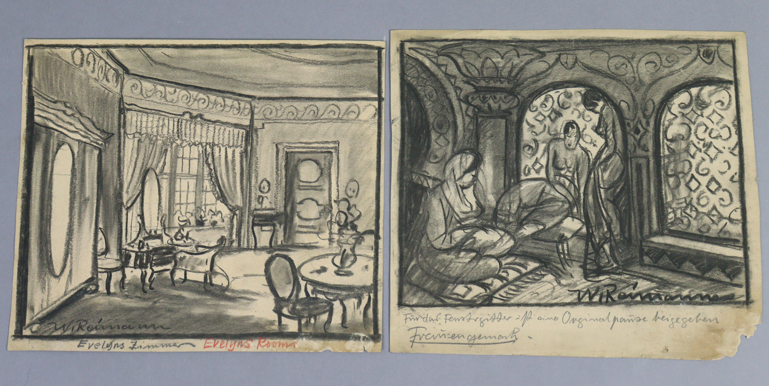 Two early 20th century charcoal film-set illustrations signed by Walter Reimann (German art