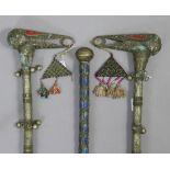 Three vintage Turkish silvered-metal & enamelled walking canes.