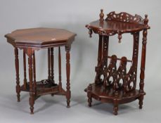 A late Victorian mahogany octagonal occasional table on ring-turned legs with open undertier, 24”