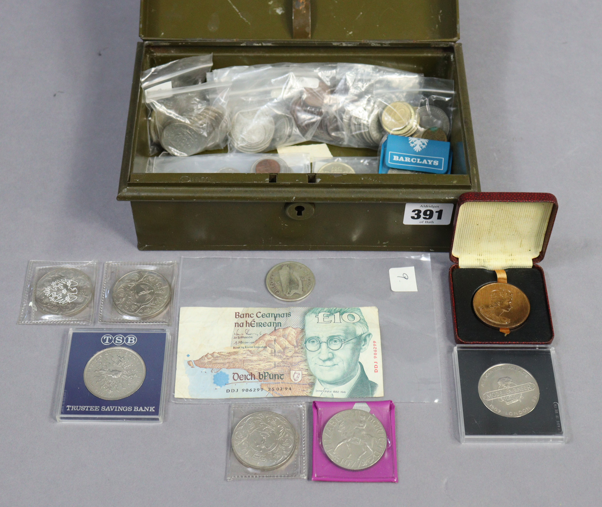 An Irish £10 note (1995-2002); various British coins & commemorative crowns, foreign coins, etc.