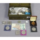 An Irish £10 note (1995-2002); various British coins & commemorative crowns, foreign coins, etc.