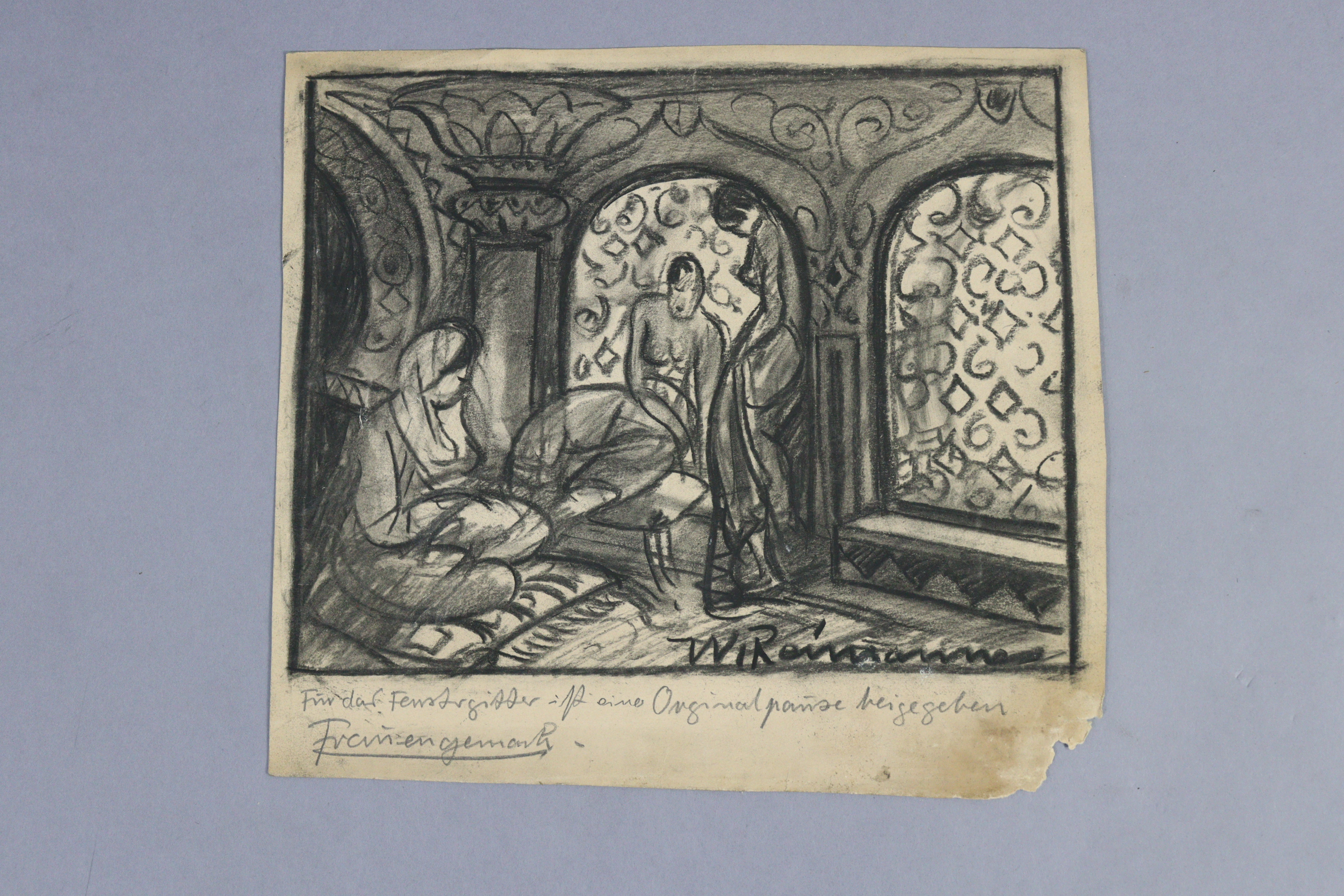 Two early 20th century charcoal film-set illustrations signed by Walter Reimann (German art - Image 3 of 5