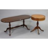 An inlaid mahogany twin-pedestal coffee table on case-turned end supports & cabriole legs with