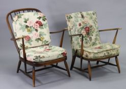 An Ercol spindle-back easy chair with loose cushion to the seat & back, on round tapered legs; & a