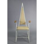 A white tubular-metal frame elbow chair with a padded seat & tall triangular back; together with a